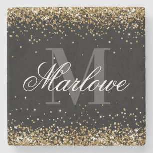 Stylish Gold Glitter Black White Monogram Stone Coaster