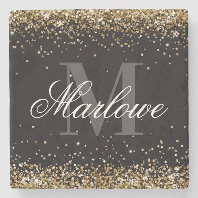 Stylish Gold Glitter Black White Monogram Stone Coaster (Front)