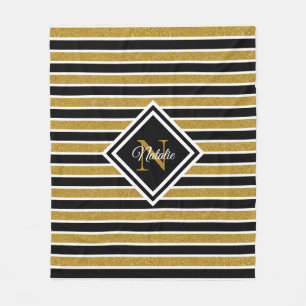 Stylish Gold Glitter Black White Stripes Monogram Fleece Blanket