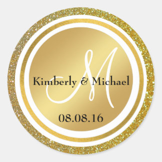 Stylish Gold Glitter & Bronze Wedding Monogram Classic Round Sticker
