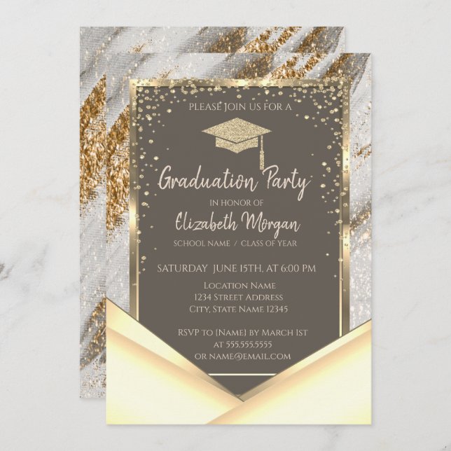 Stylish Gold Glitter Brush Stroke Graduation  Invitation (Front/Back)