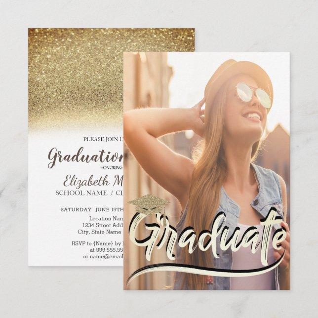 Stylish Gold Glitter Cap,Photo Graduation Party Invitation (Front/Back)