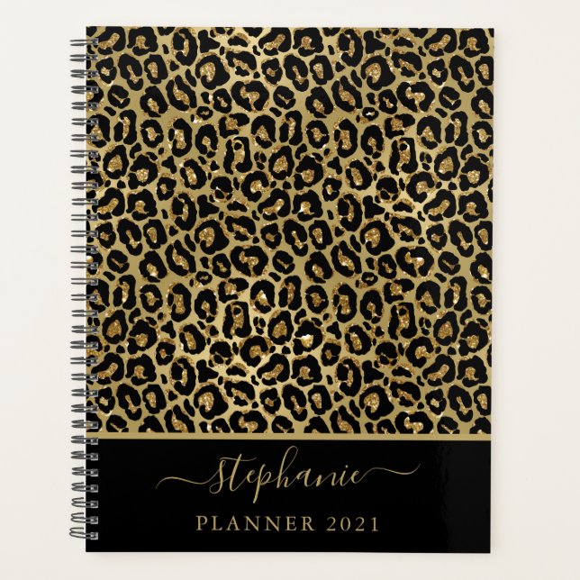 Stylish Gold Glitter Leopard Animal Print Monogram Planner (Front)