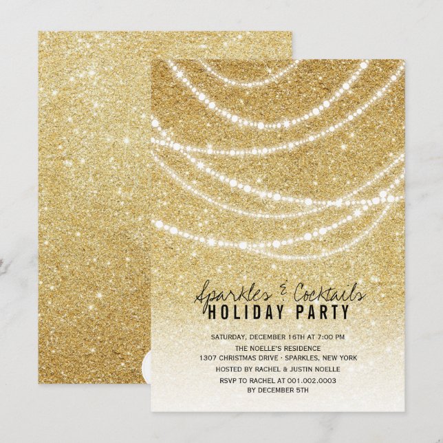 Stylish Gold Glitter Sparkles Holiday Party Invite (Front/Back)