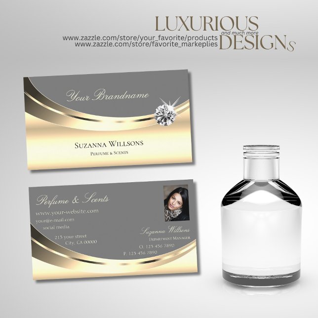 Stylish Gold Grey with Photo and Sparkly Diamond Business Card (Creator Uploaded)