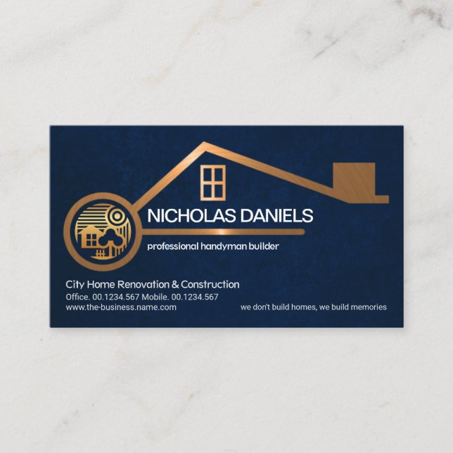 Stylish Gold Home Blue Grunge Texture Handyman Business Card (Front)