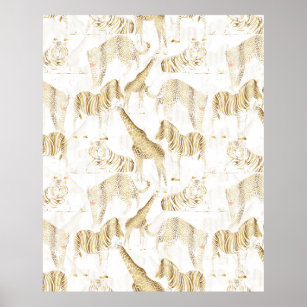 Stylish Gold Jungle Wild Animals Pattern Poster