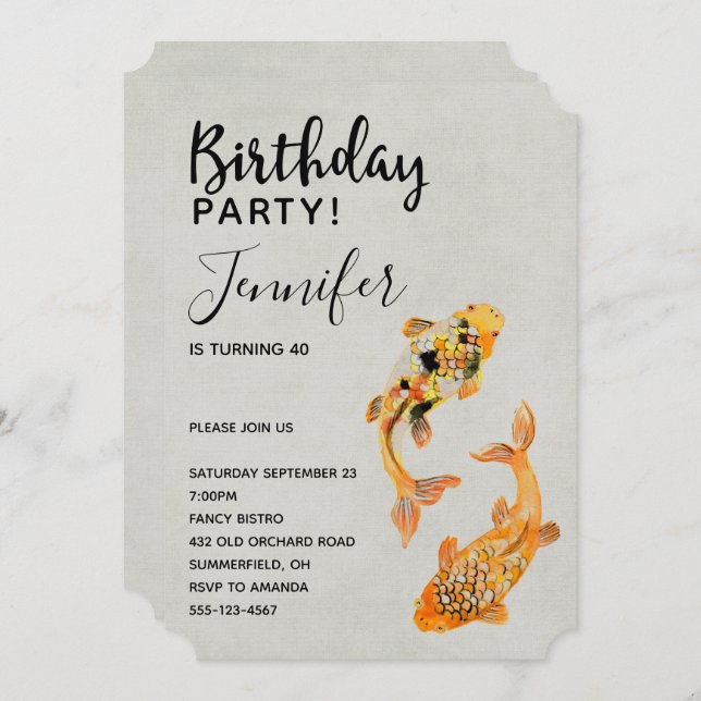 Stylish Gold Koi Fish Birthday Invitation (Front/Back)
