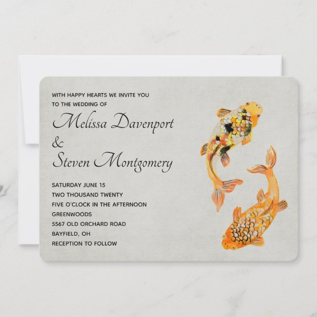 Stylish Gold Koi Fish Wedding Invitation (Front)