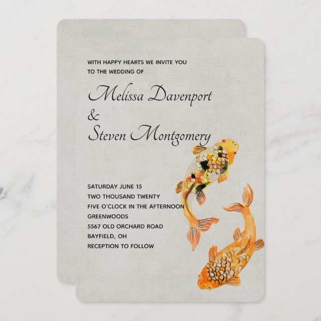 Stylish Gold Koi Fish  Wedding Invitation (Front/Back)