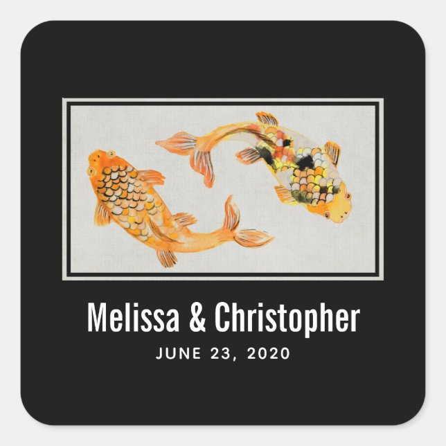 Stylish Gold Koi Fish Wedding Square Sticker (Front)