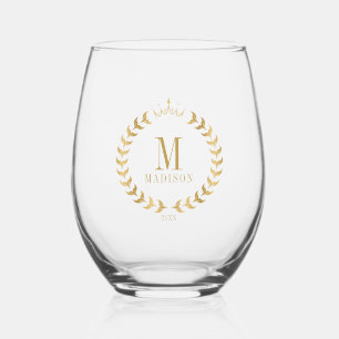 Stylish Gold Laurel Graduation Stemless Wine Glass