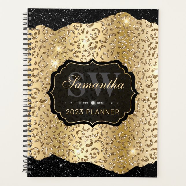 Stylish Gold Leopard Spot & Black Glitter Monogram Planner (Front)
