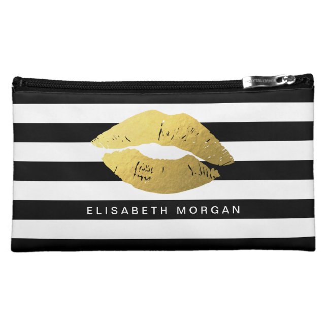 Stylish Gold Lips Girly Classic Black White Stripe Cosmetic Bag (Front)