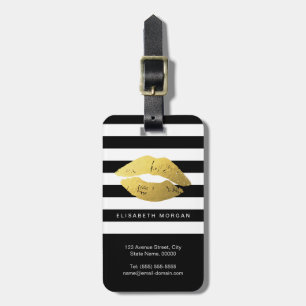 Stylish Gold Lips with Classic Black White Stripes Luggage Tag