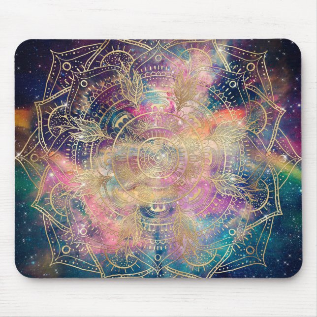 Stylish Gold Mandala Colorful Watercolor Nebula  Mouse Pad (Front)
