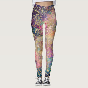 Stylish Gold Mandala Colourful Watercolor Nebula Leggings