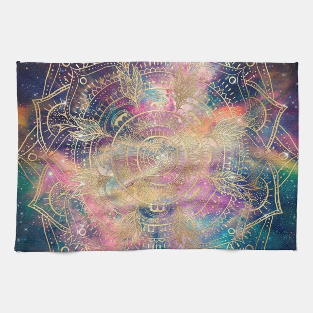 Stylish Gold Mandala Colourful Watercolor Nebula  Tea Towel (Horizontal)