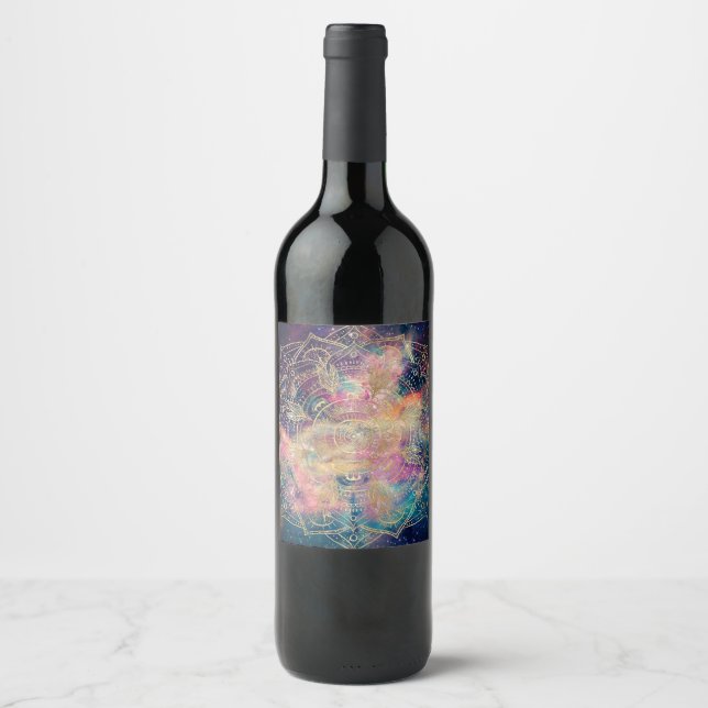 Stylish Gold Mandala Colourful Watercolor Nebula  Wine Label (Front)