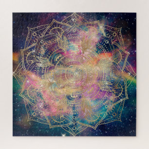 Stylish Gold mandala watercolor & Nebula Colorful Jigsaw Puzzle