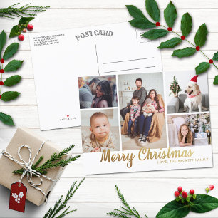 Stylish Gold Merry Christmas 5 Photo Collage Holiday Postcard