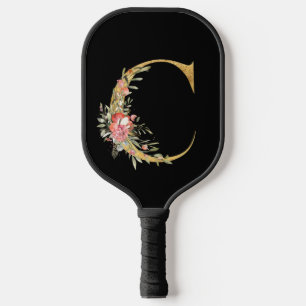 Stylish Gold Monogram C with Pink Flowers Pickleball Paddle