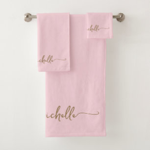 Stylish Gold Monogram Name Script Blush Pink  Bath Towel Set