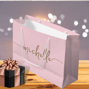 Stylish Gold Monogram Name Script Blush Pink  Large Gift Bag