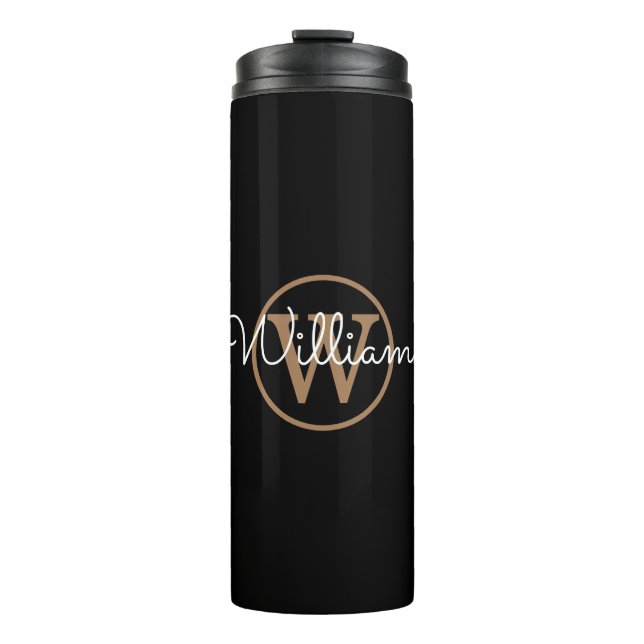 Stylish Gold Monogram Script Name Black Thermal Tumbler (Front)