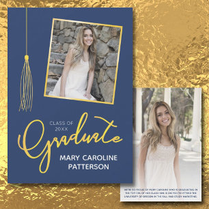 Stylish Gold Navy Photo Graduation Announcement