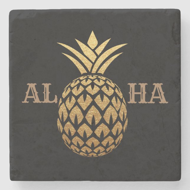 Stylish Gold Pineapple Black Aloha Tropical Hawaii Stone Coaster (Front)
