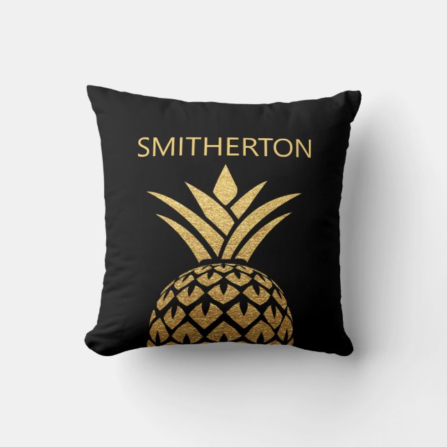 Stylish Gold Pineapple Black Family Name Cushion (Front)
