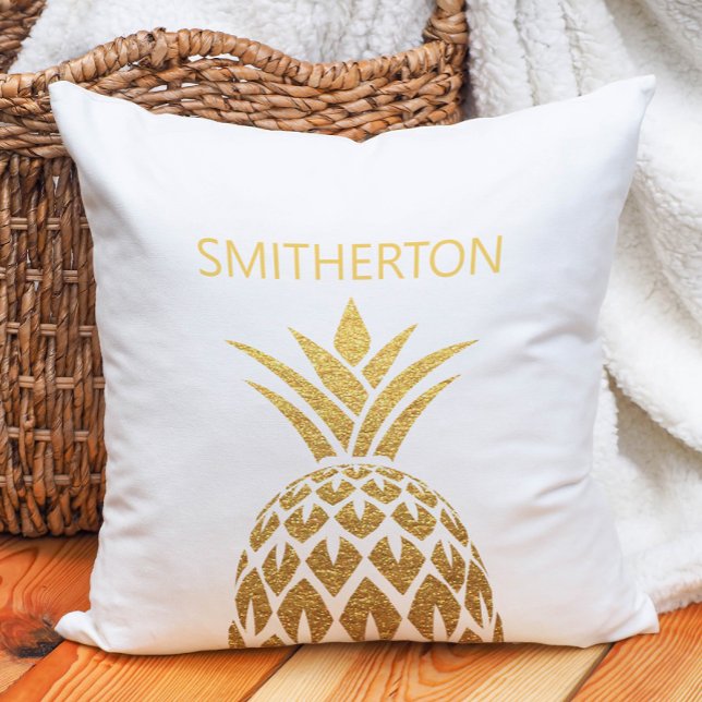 Stylish Gold Pineapple White Family Name Cushion (White and gold pineapple family name pillow)