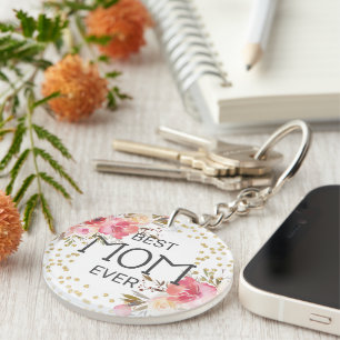 Stylish Gold Pink Floral Mum Key Ring
