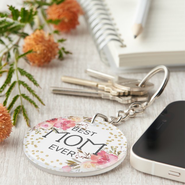 Stylish Gold Pink Floral Mum Key Ring (Front Right)