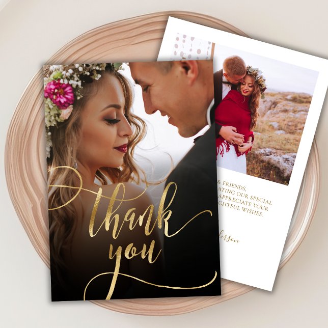 Stylish Gold Script 2 Photo Wedding Thank You Card (Creator Uploaded)