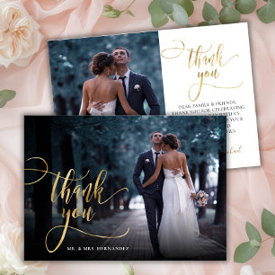 Stylish Gold Script 2 Photo Wedding Thank You Card