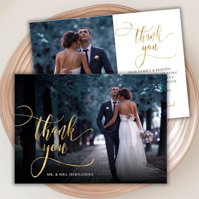 Stylish Gold Script 2 Photo Wedding Thank You Card (Creator Uploaded)