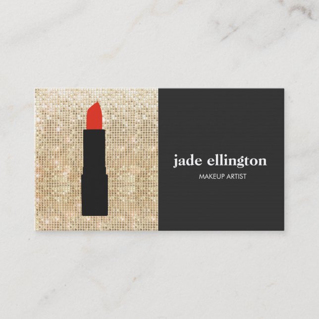 Stylish Gold Sequin Makeup Artist Lipstick Beauty Business Card (Front)