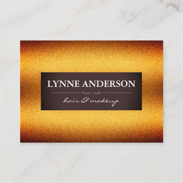 Stylish Gold Shimmer with Brown Label Business Card (Front)