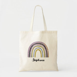 Stylish Gold & Silver Glitter Rainbow Cartoon Name Tote Bag