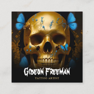 Stylish Gold Skull Butterflies Tattoo Artist Square Business Card