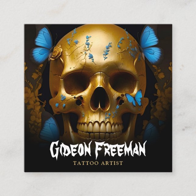 Stylish Gold Skull Butterflies Tattoo Artist Square Business Card (Front)