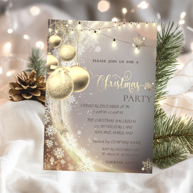 Stylish Gold Snowflakes,Balls,Lights Christmas  Invitation (Creator Uploaded)