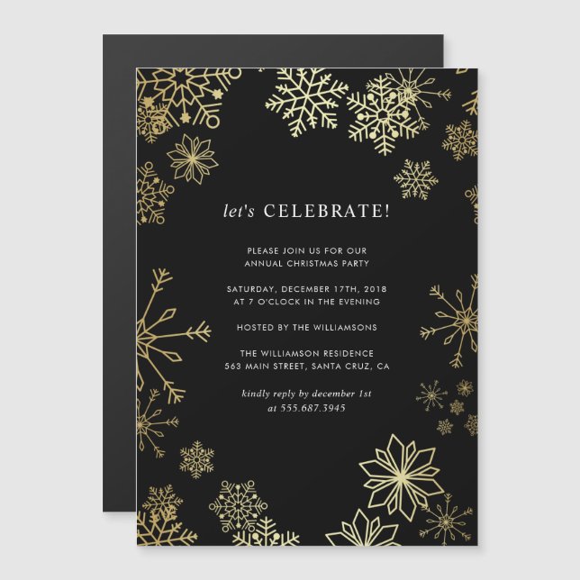 Stylish Gold Snowflakes Christmas Party Magnetic Invitation (Front/Back)