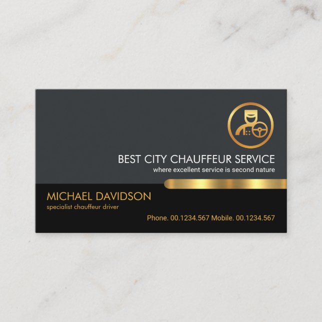 Stylish Gold Tab Grey Black Layer Chauffeur Driver Business Card (Front)