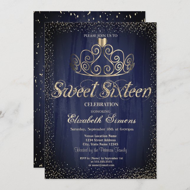 Stylish Gold Tiara Confetti Princess  Sweet 16 Invitation (Front/Back)