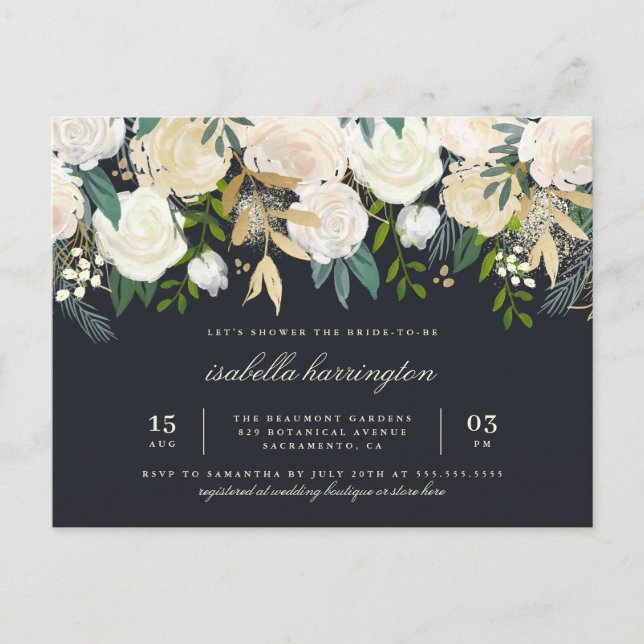 Stylish Gold Watercolor Floral Bridal Shower Invitation Postcard (Front)