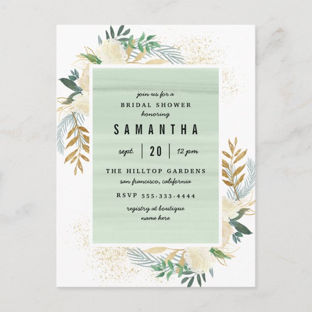 Stylish Gold & Watercolor Floral Bridal Shower Invitation Postcard (Front)