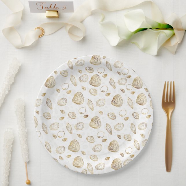 Stylish Gold White Seashells Pattern Paper Plate (Wedding)